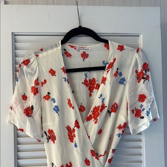 Reformation Floral Wrap Dress - Red and Blue on Cream - Picture 3 of 3
